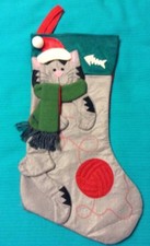 Cat Christmas Stocking Felt 17" Happy Gray Cat W Ball Of Yarn