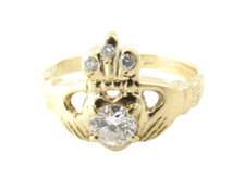 14 Karat Yellow Gold and Diamond Claddagh Ring Size 6.25 4885