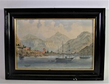 sign. HILLE 1874 - Aquarell SEGELSCHIFFE / DAMPFSEGLER vor felsiger K&uuml;ste