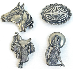 4 Vintage Western Motif Silver Toned Button Covers -- Horse Wolf Saddle Concho !