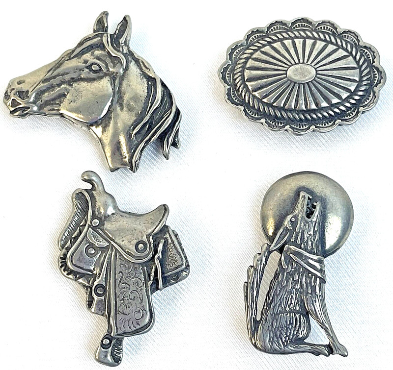 4 Vintage Western Motif Silver Toned Button Covers -- Horse Wolf Saddle Concho !