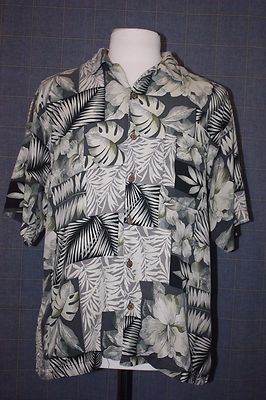 Tommy Bahama Green Floral Patch 100% Silk Hawaiian Camp Shirt Sz L Loop Collar