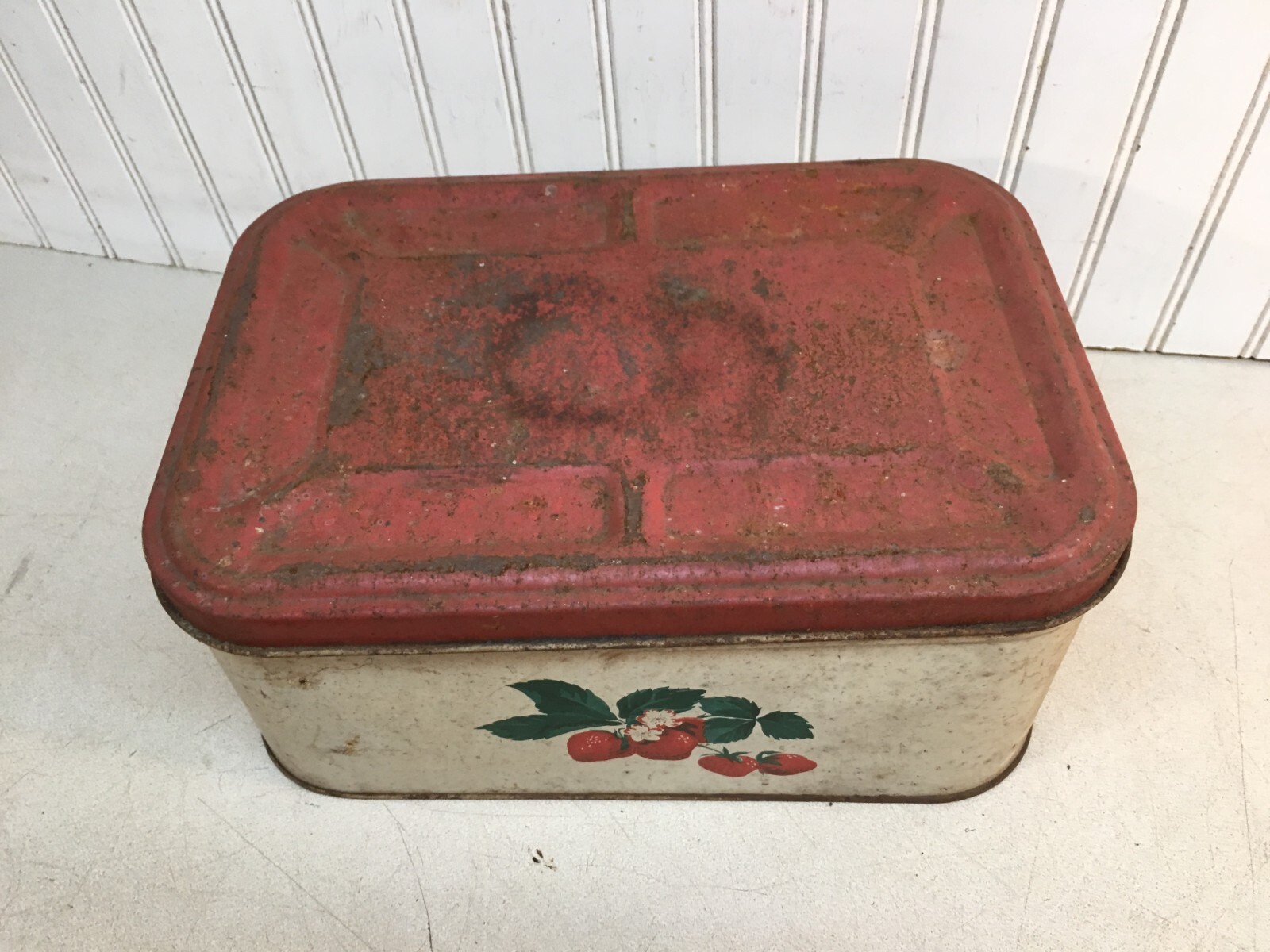 1940s Vintage Metal Tin Bread Box Red & White Strawberries Country