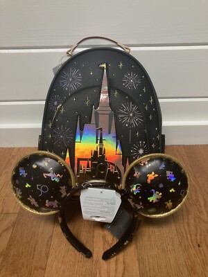 2023 DISNEY PARKS GRAND FINALE 50TH BLACK GOLD CASTLE LOUNGEFLY BACKPACK AND EAR Walt Disney World 50th Anniversary Jeweled Ear Headband and  main image 4