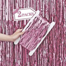 2 Pcs Pink Metallic Tinsel Foil Fringe Curtains Backdrop 3.28 ft x 6.56 ft St...
