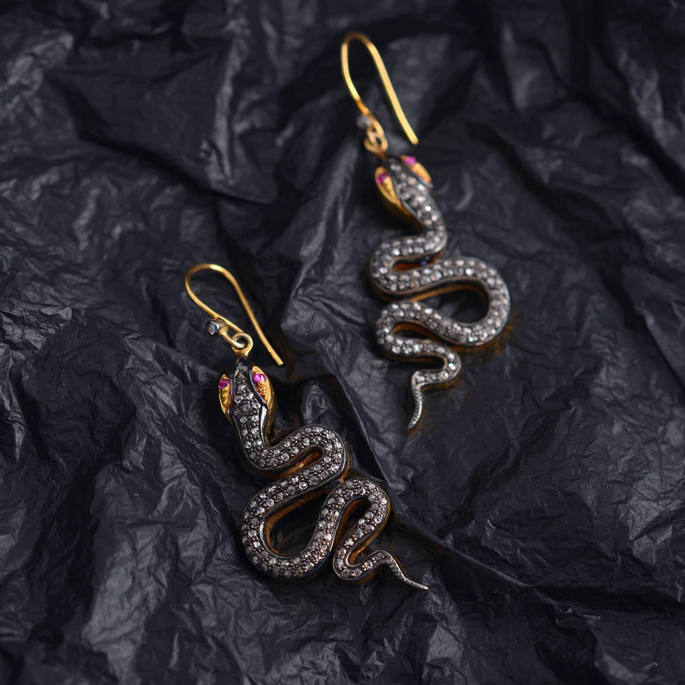 14K Gold Snake Dangle Earrings 925 Silver Wedding Diamond Pave Fine Jewelry - Image 4 of 4