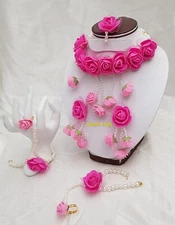 Women fashion flower  earrings tika bracelets necklace haldi mehandi babyshower