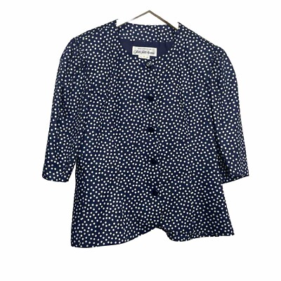 Vintage Saks Fifth Avenue Navy White Polk Dot Blouse Top Sz 14