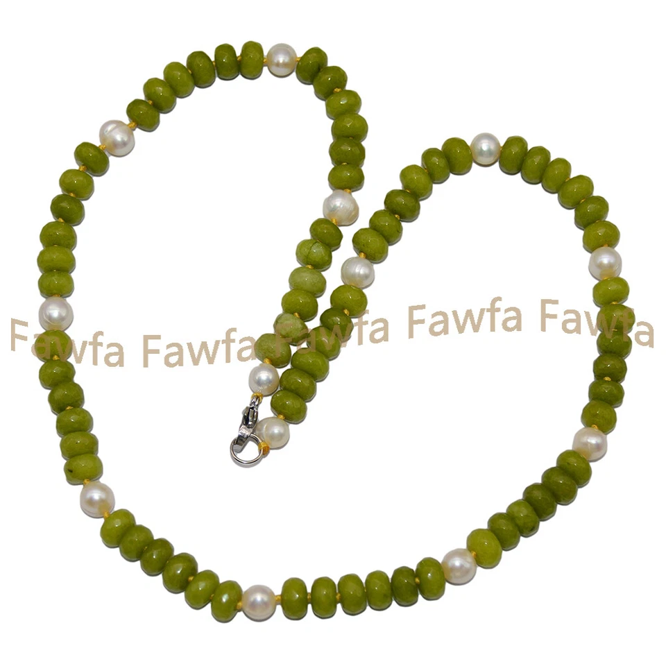 5x8mm Faceted Green Peridot Rondelle Gemstone Beads 7-8mm White Pearl Necklace - Image 3 of 4