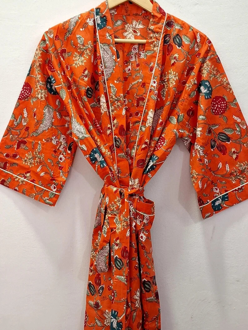 Cotton Kimono Dressing Ladies Summer Housecoats Cotton Kimono Robe Dressing  Gown, Block Print Bridesmaid Robe