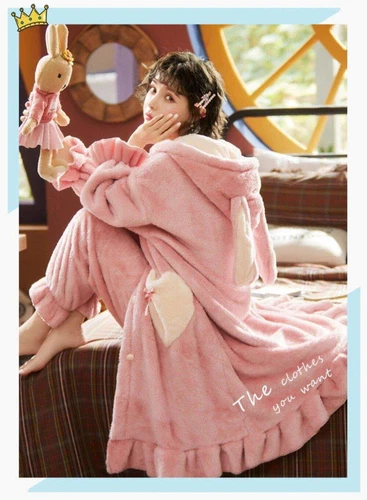 Mädchen Hase Kaninchen lange Ohren Nachthemd warm Flanell Kapuze dick Nachtwäsche PJ's - Bild 16 von 40