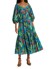 New 240$ Farm Rio Dream Garden Women's XS Blue Floral 3/4 Puff Sleeve Midi Dress