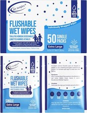 Flushable Wipes, 50 Individually Wrapped, Extra Large 7"x7" Adult Wet Wipes,