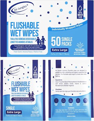 Flushable Wipes, 50 Individually Wrapped, Extra Large 7''x7'' Adult Wet Wipes,