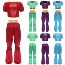 Women Crop Top With Pants Dance Dress Up Puff Sleeve Shirt And Trousers Harem