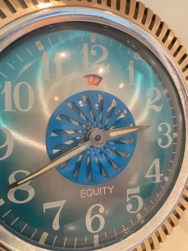 A Vintage 1960s Equity Empire Art Deco Hypnotic Windup working Alarm Clock BLUE