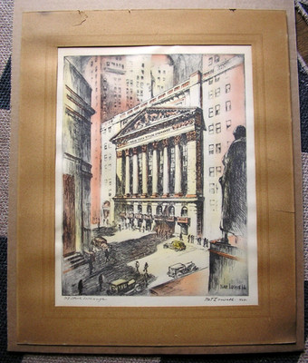 Antique Lithograph Print Art Wall Street NY Stock Exchage Signed Nat Lowell 1929