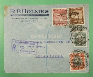 DR WHO 1935 CHILE AIRMAIL 10P REGISTERED SANTIAGO TO ENGLAND R57390