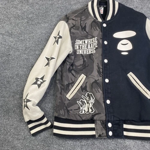 AAPE By A Bathing Ape Jacket Mens Medium Black Camo Varsity Letterman Bomber image 2
