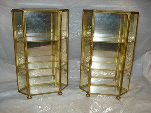 2 X Vintage Mirrored & Etched Glass Brass Curio Cabinet Display Case Shelf 10”