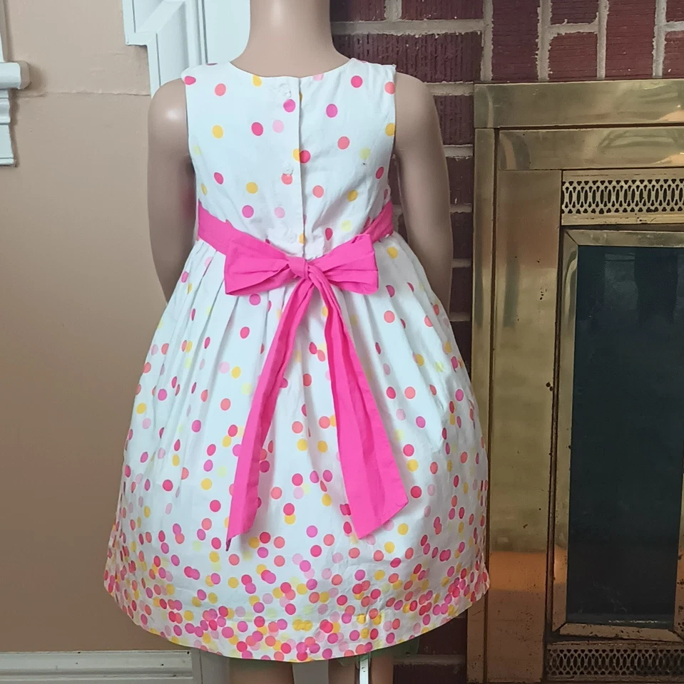 Vestido plisado a lunares para niña 5T rosa y blanco sin mangas con lazo forrado Foto 2 de 4