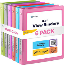 1/2 Inch Binder 3 Ring Binder 6 Pack - Assorted Colors O-Ring Binder with Clea