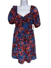 Jessica Simpson Floral Puff Sleeve Smocked Mini Dress Womens Small Red Blue