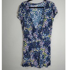 LOFT Floral Print V-Neck Dress Blue Woven Short Sleeve Women Size M