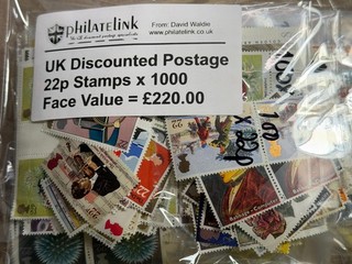 UK (FV £220.00) 1000 x 22p Discounted Postage Stamps MNH Lot 2