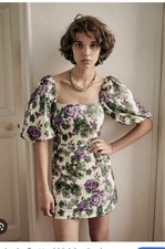 Sézane Women's Floral Puff Sleeve Dress Purple Green Size 42 Cotton Viscose