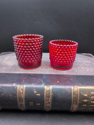 Vintage Ruby Red Hobnail Glass Votive Candle Holder Toothpick Set Cadmium Glow