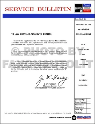 1967 Plymouth barracuda Atelier Manuel Supplément 67 Réparation Service Bulletin - Photo 1/4