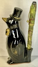 Vintage 50s Japan Redware Penguin Pen Pencil Holder Wearever Celluloid Pen Combo