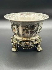 Decorative Glazed Ceramic Bowl on Ornate Plastic Base Crackle Finish 7”