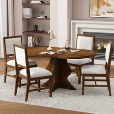 Round Extendable Dining Table Set 5 Piece Wooden with 4 Upholstered Chairs Brown