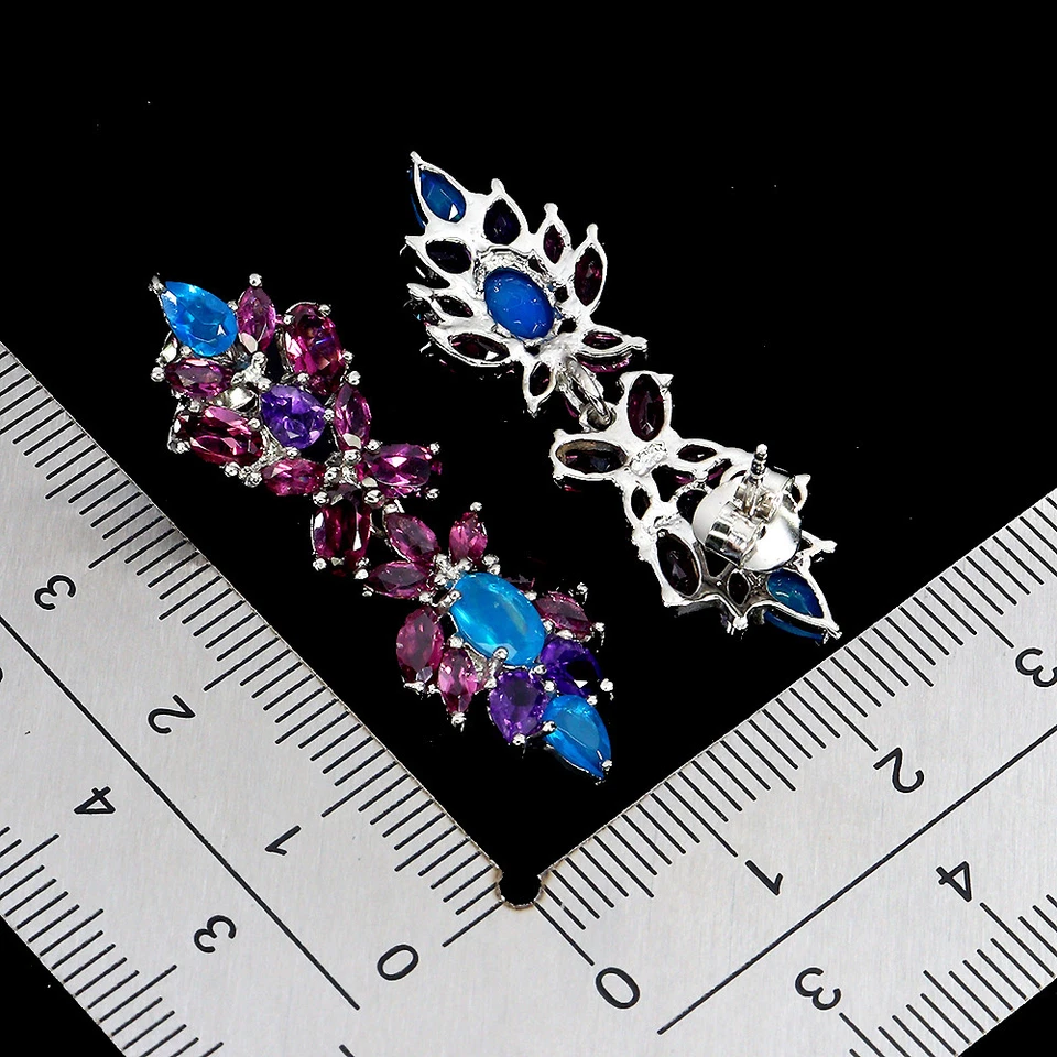 925 Sterling Silver Earrings Oval Blue Opal Amethyst Rhodolite Gemstone Jewelry - Image 3 of 4