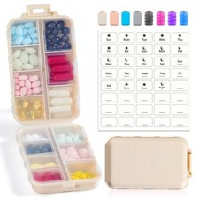 14 GRIDS Travel Pill Organizer Box with Labels - Travel Medicine Case Kit - P...