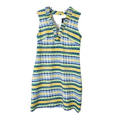 Vince Camuto blue white yellow striped textured ruffle stretch midi dress 10