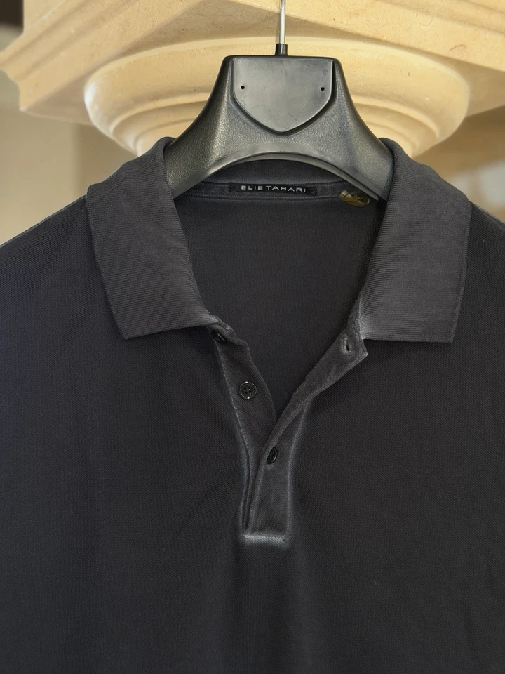 Elie Tahari Textured Black Collar Mens Polo, Cool Whitewash Effect, MINT, Medium - Image 4 of 4