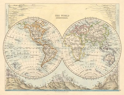 WORLD TWIN HEMISPHERES Relief Mountains Rivers JOHNSTON 1892 old antique map