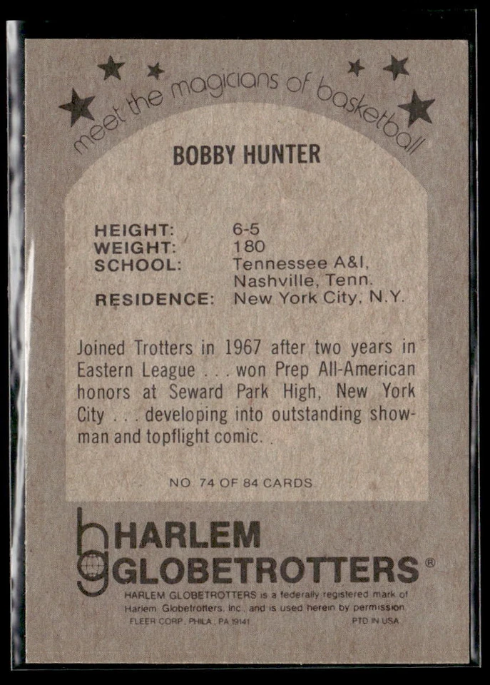 1971 Fleer Harlem Globetrotters #74 Bobby Hunter Nm/M - Image 2 of 2