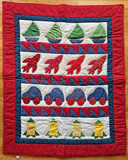 Vintage 80's Transportation Baby Kids Quilt 42" x 35" car rocket plane sailboat