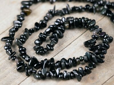 OBSIDIAN Crystal Long Necklace - Chip Beads - Beaded Handmade Jewelry, E1785
