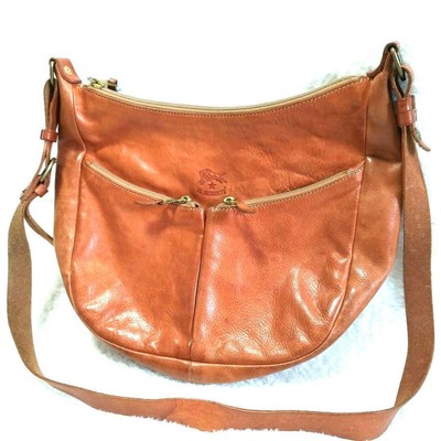 Il Bisonte Leather Crossbody Bag Double Pocket Logo Tan Used Excellent+/N25