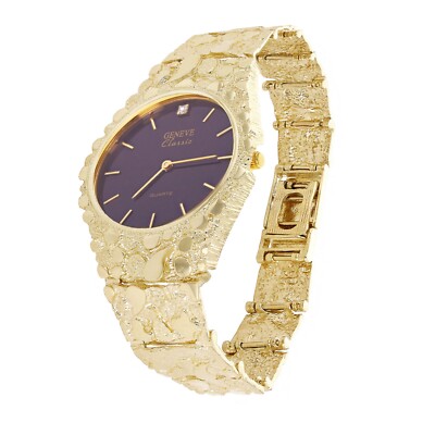 Men's 14k Yellow Gold Nugget Link Geneve with Diamond Wrist Watch 7.5-8'' 56grams