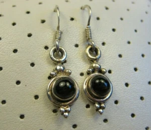 Vintage Southwestern Cabochon Black Star Sapphire Dangle Drop Hook Earrings 925