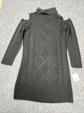 Taylor Black Chunky Knit Cold Shoulder Cutout Turtleneck Sweater Dress Women M