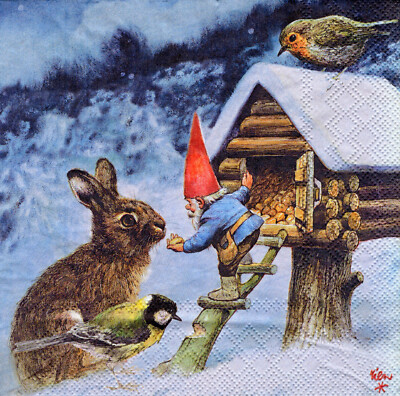 3 Servietten ~ Winter, Waldtiere, Gnome, Hase, Vögel, Rien Poortvliet ~ 33x33