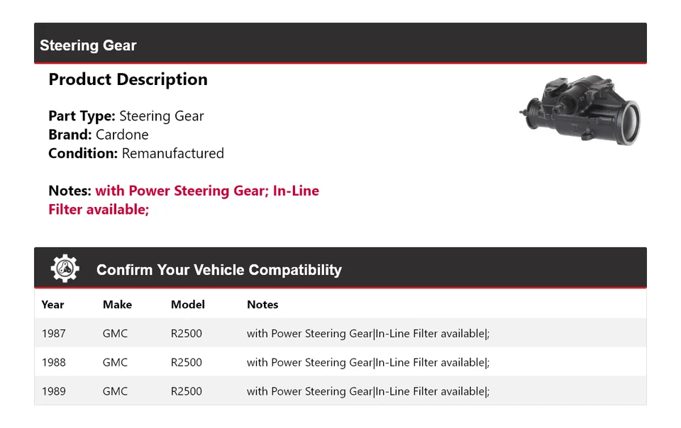 Engranaje de dirección Cardone 1988 para GMC R2500 1987-1989 Foto 2 de 4