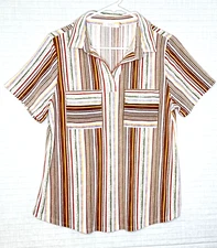 EUC Cure Women's Collared, V Neck Striped Shirt Size L, Multicolor